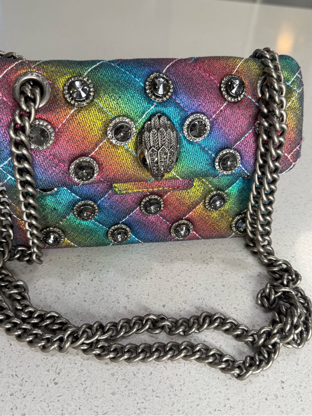Rainbow Quilted Crossbody Bag with Gunmetal Chain
